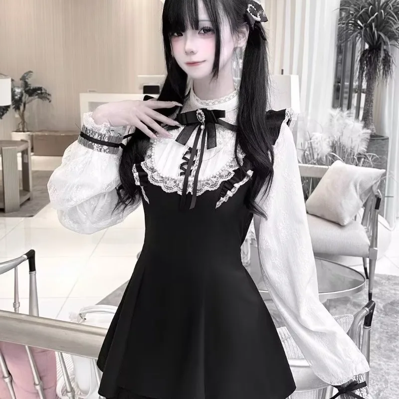 

Japanese Lolita Dress Original Long Sleeved Dresses Shorts Sets Lace Pearl Bow Kawaii Sweet Cute Girls Y2k 2 Piece Sets Autumn