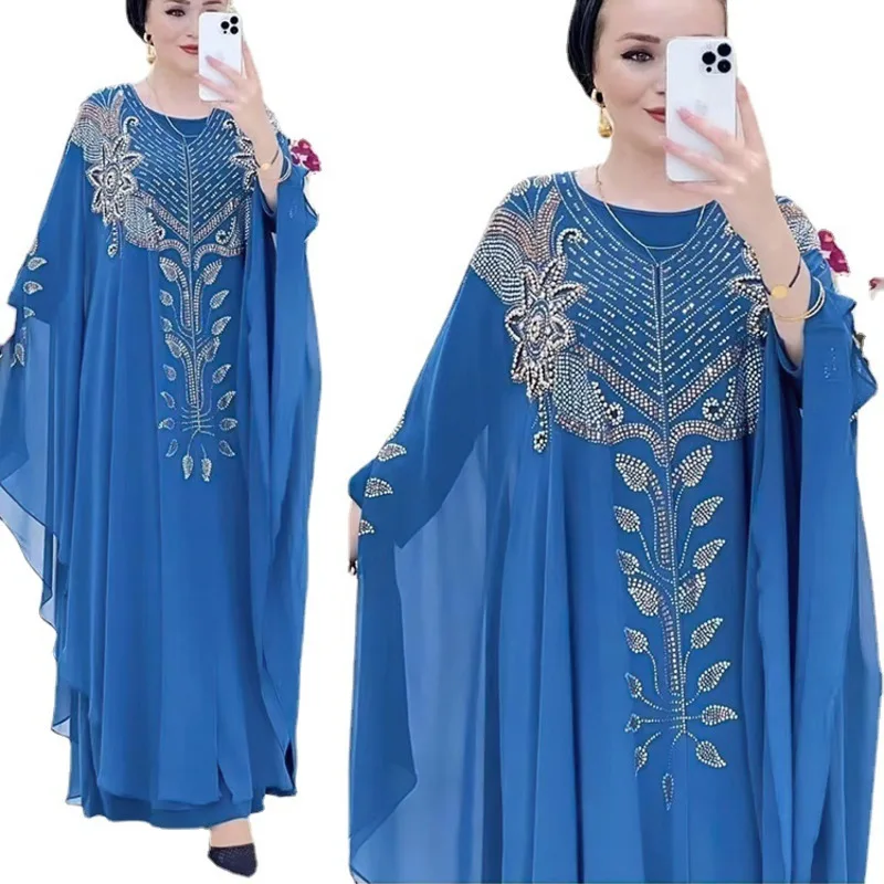 Muslim Women's Fashionable Solid Color Heavy Industry Hot Pressed Diamond Loose Casual Bat Sleeve Long Robe Skirt Chiffon Dress