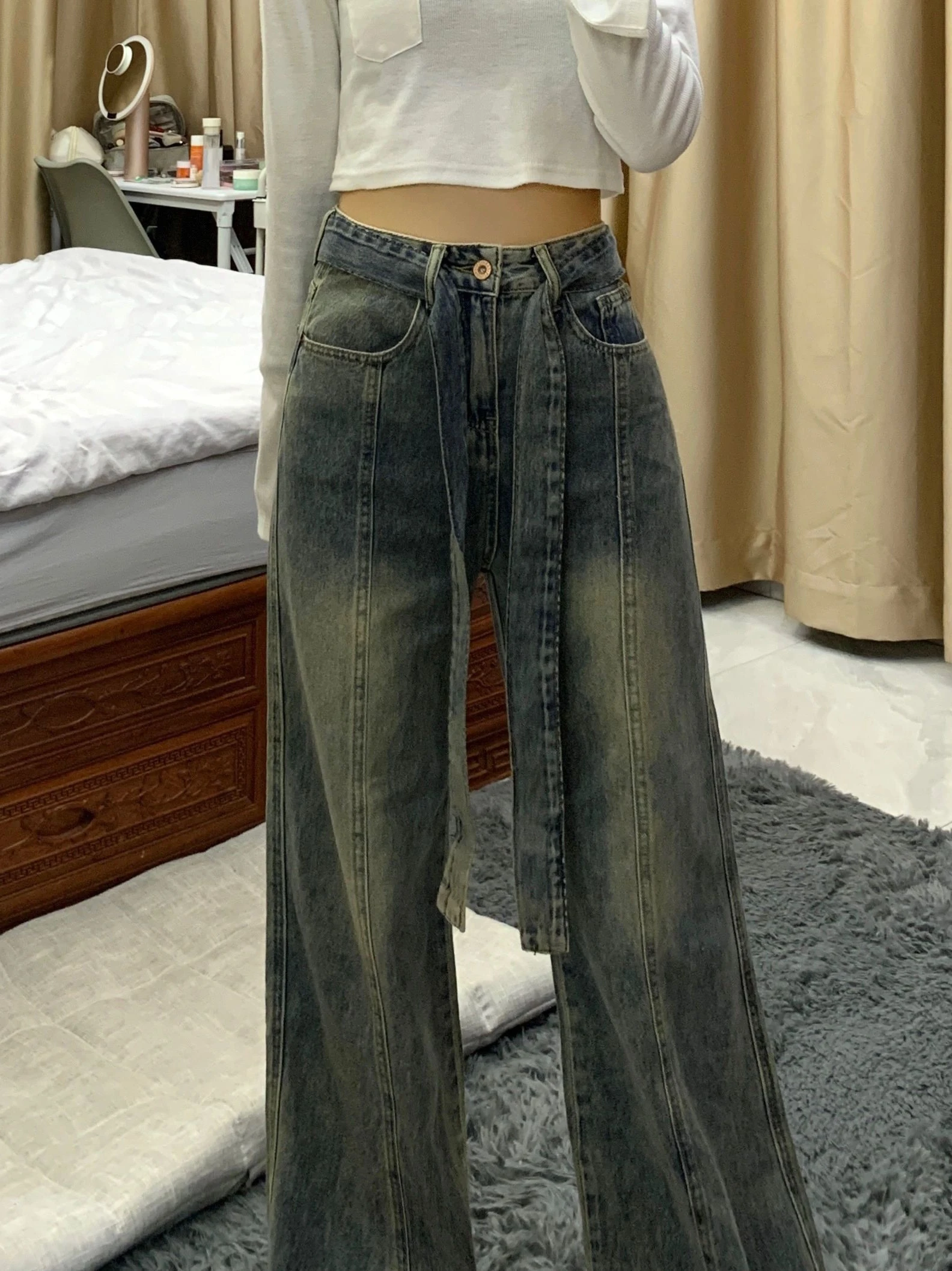 الرجعية الأمريكية واسعة الساق الدينيم الجينز المرأة حجم صغير الخريف جديد كبير الحجم عالية الخصر فضفاض مستقيم السراويل الطويلة #1