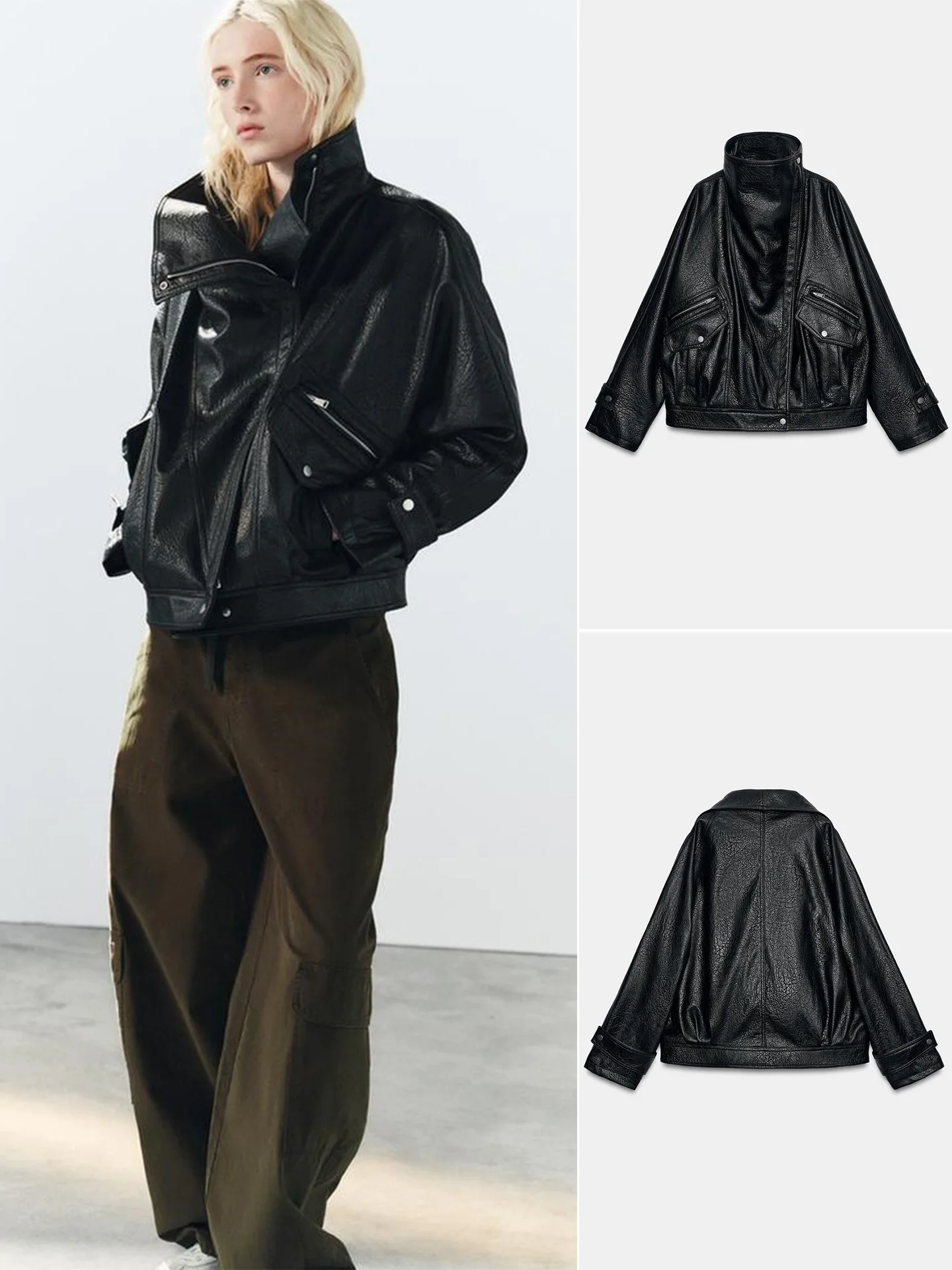 Fall New Women's Biker Style Short Jacket Zipper Shoulder Drop Long Sleeve Stand Collar Polyester Fiber Functional Fashion