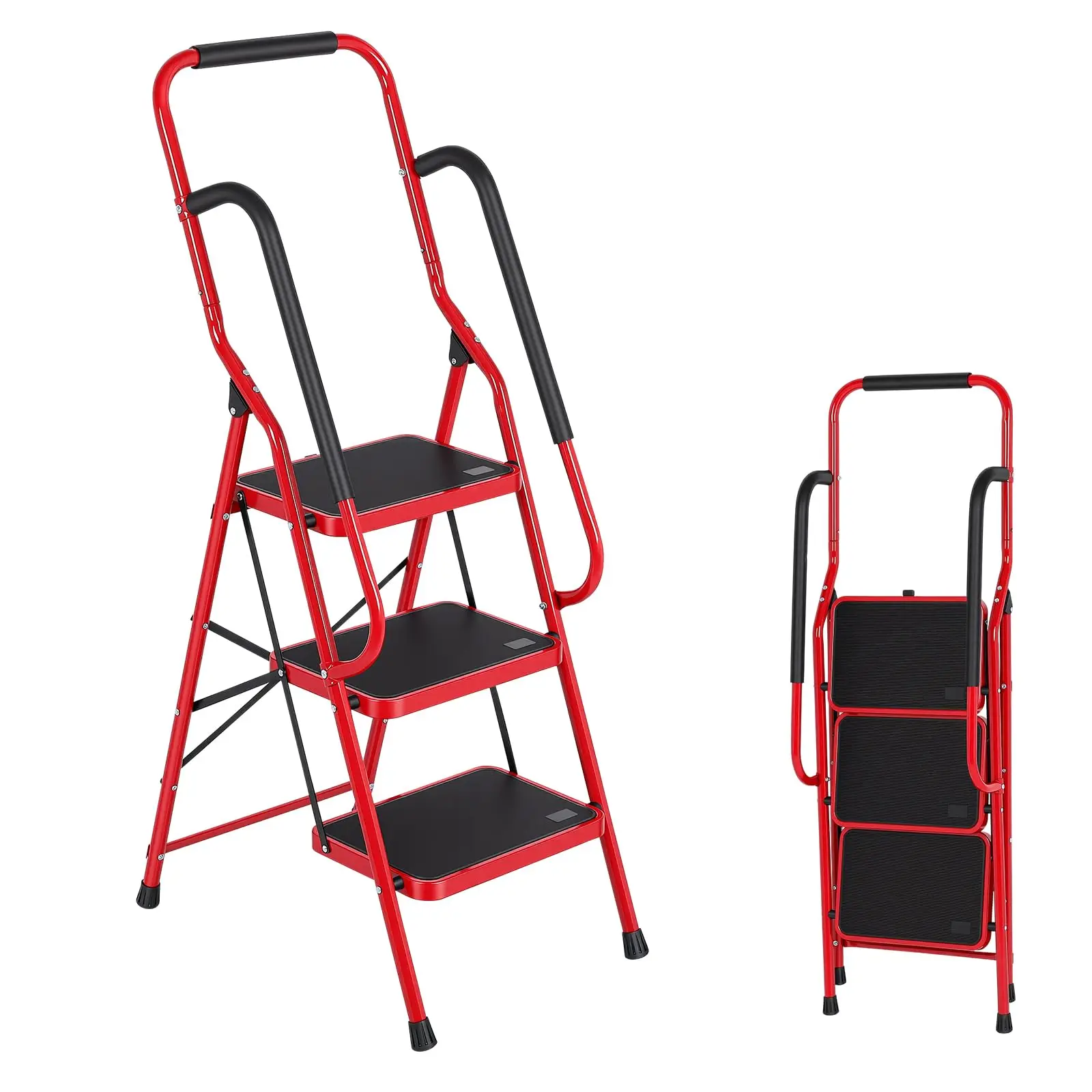 Step Ladder 3 Step Folding with Handrails, Folding Step Stool with Wide Anti-Slip Pedal, Sturdy Steel Portable Ladder