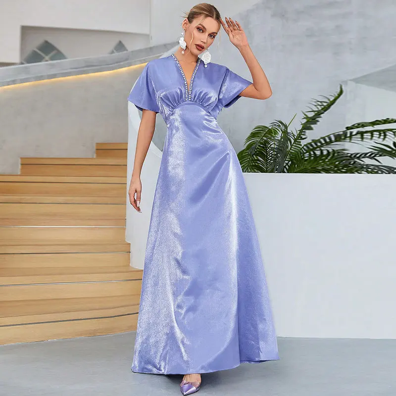 

Purple elegant dress women's cross-border fashion French temperament banquet evening dress bridesmaid clothes new simple tempera