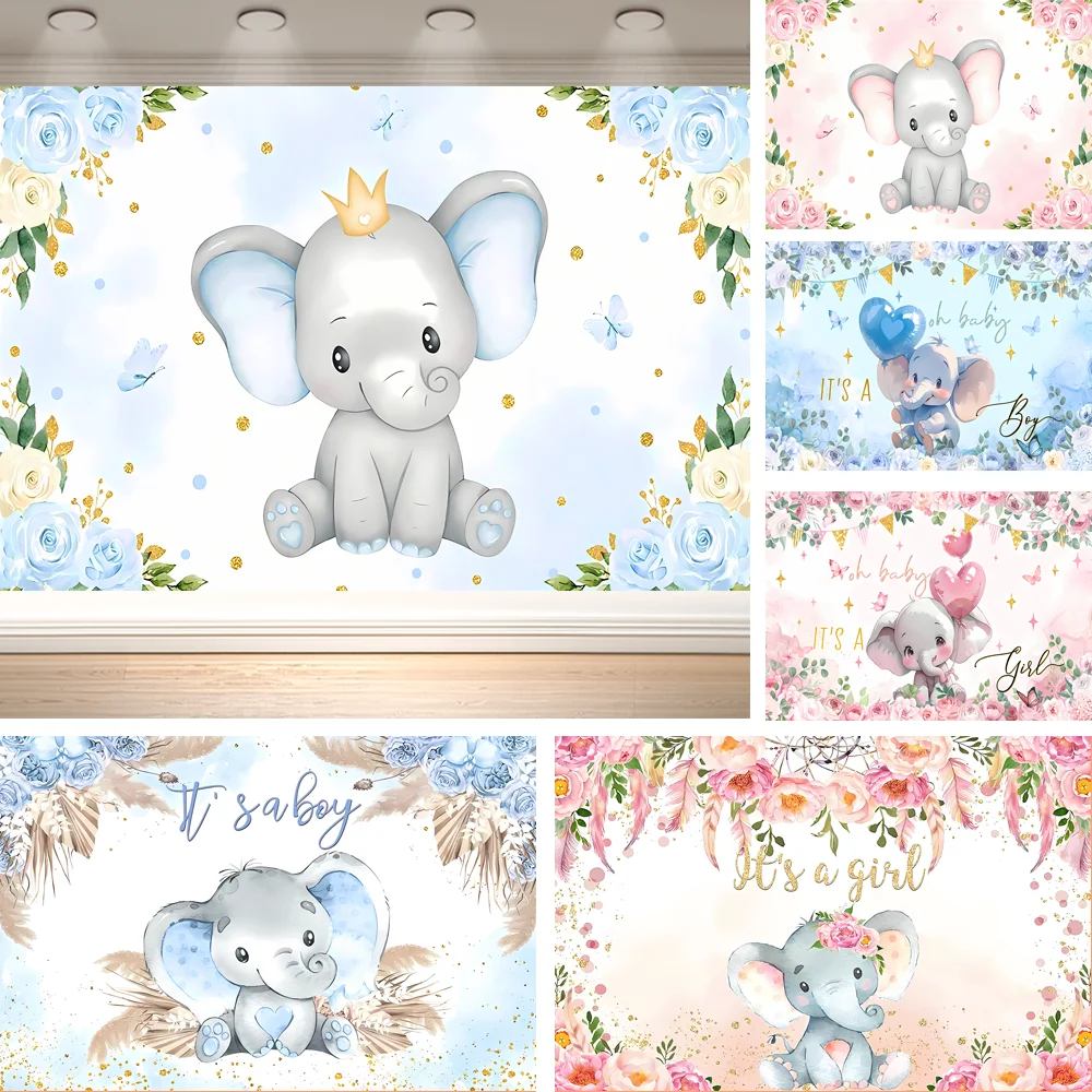 Dewprint Watercolor Crown Baby Elephant Backdrop Blue Pink Floral Butterfly Boy Girl Baby Shower Party Banner Decor Suppl