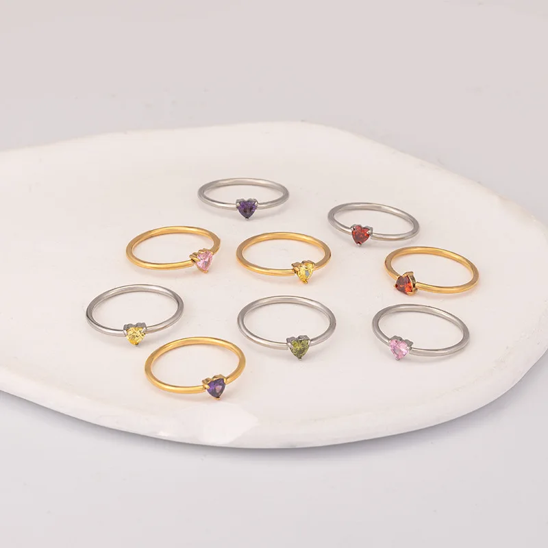 Nicht verblassender, rostfreier Edelstahlring, vergoldet, mit Zirkonia-Herz, Liebesring, Mini-Ring mit 12 Geburtssteinen für Damen und Mädchen, Schmuck.