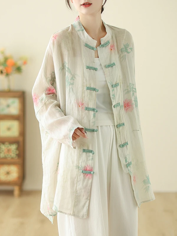 Retro, ręcznie robiony, drukowany, luźny damski kardigan z stójką, o średniej długości, zapinany na guziki, chroniący przed słońcem, modny na wiosnę i lato.