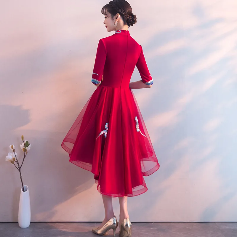 Burgundy Wedding Party Cheongsam Oriental Evening Dress Chinese Traditional Womens Elegant Qipao Sexy Satin Robe Retro Vestido