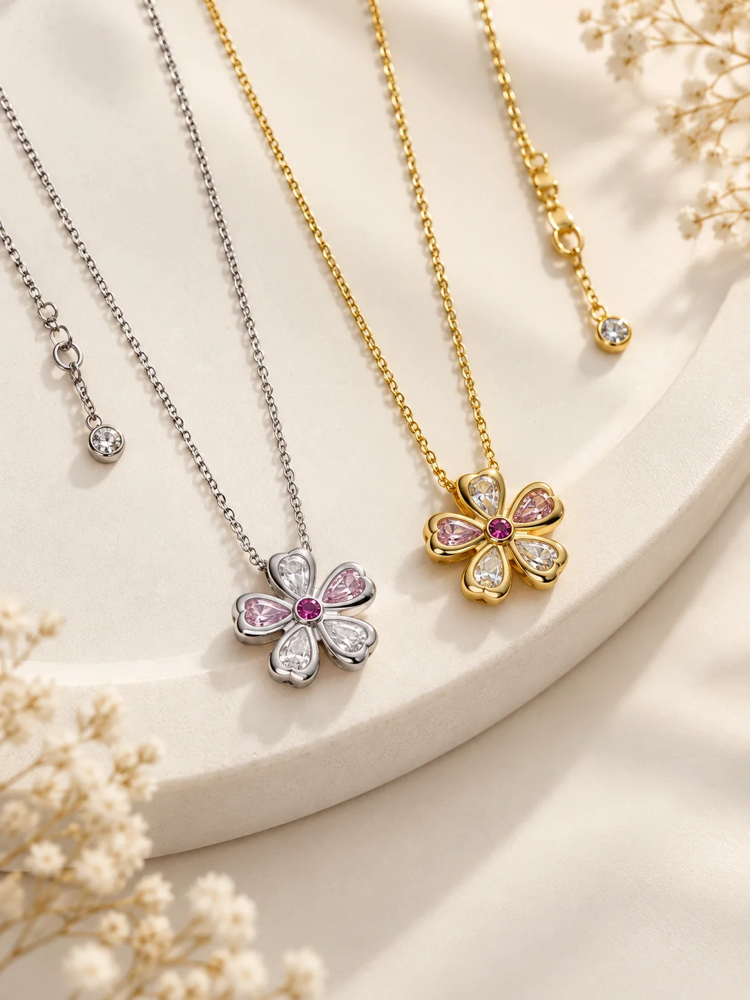 S925 Sterling Silver Flower Pendant Necklace for Women Pink White Zircon Six Petal Floral Necklace Elegant Dainty Jewelry Gift