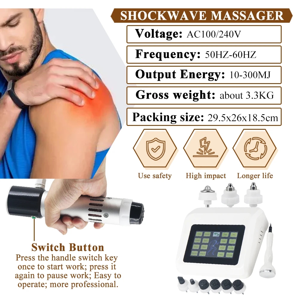 Máquina ultrassônica da terapia da onda de choque da fisioterapia 300mj para o tratamento da ed aliviar a dor nas costas da cintura massagem massageador da onda de choque