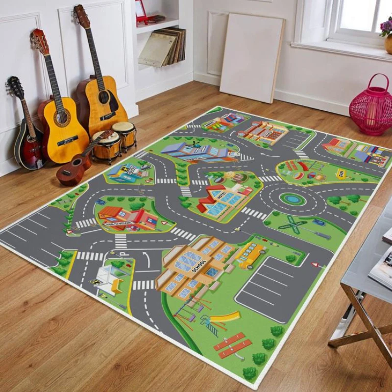 Children\'s Traffic Educational Carpet for Living Room Decor Children\'s Room City Life Road Non-Slip Large Area Rugs Crawling Mat