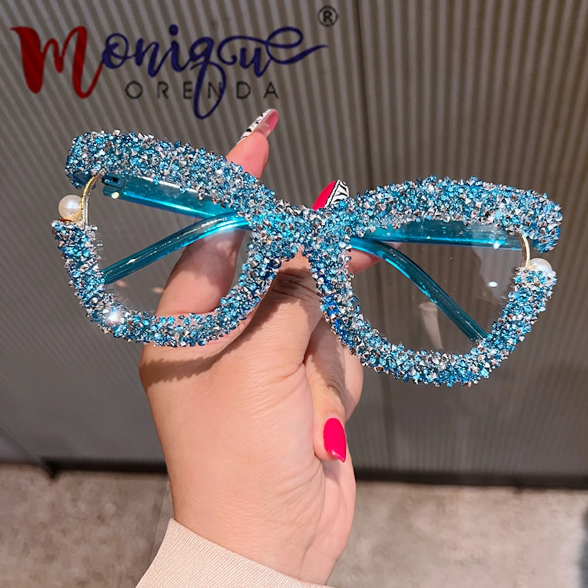 Full Diamond Oversized Blue Light Glasses for Women Fashion Thick Square Computer Eyewear Blue Red Pink Black Glasses