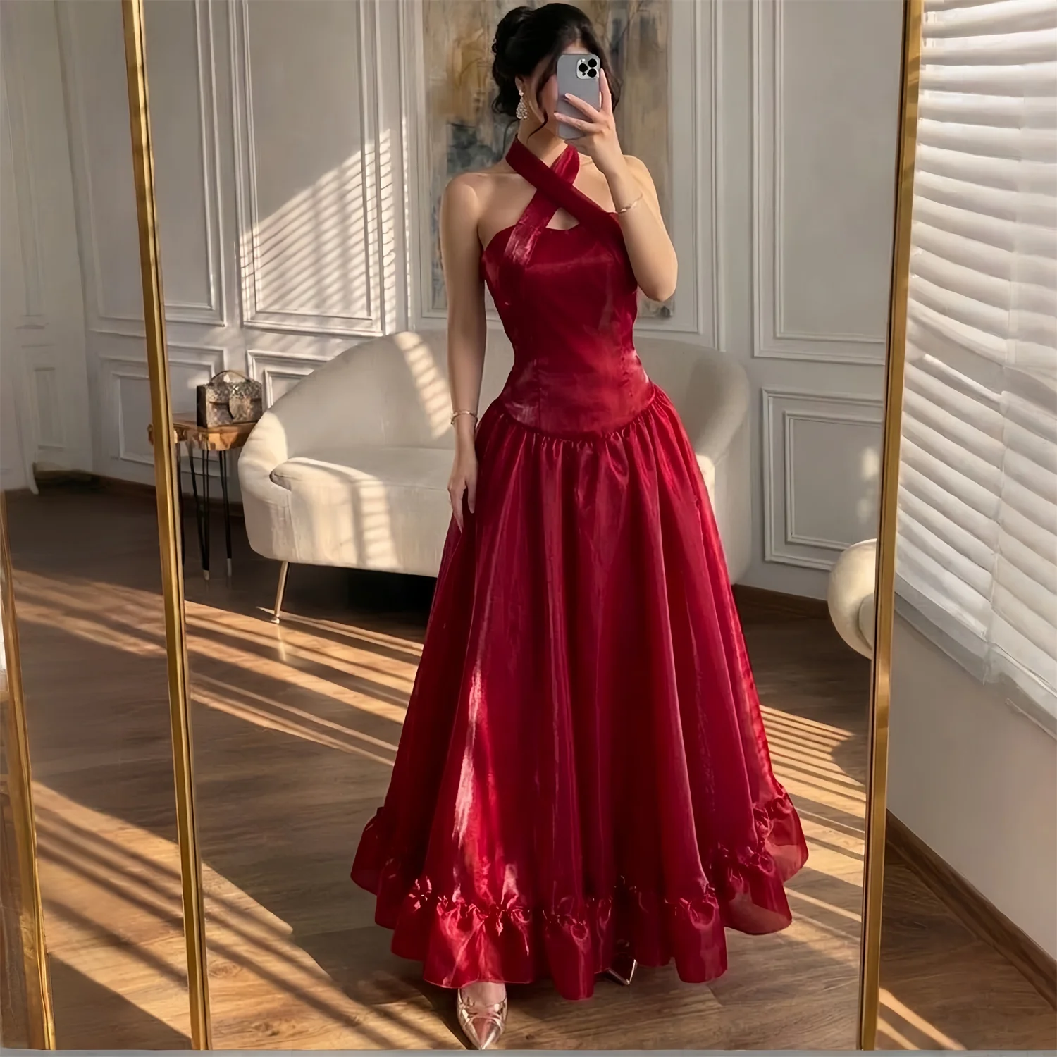 

Вечернее платье Aileen Ruffles для женщин, роскошное, красное, атласное, без рукавов, в пол, для торжественных мероприятий, на заказ, 2026 Robes de Soirée