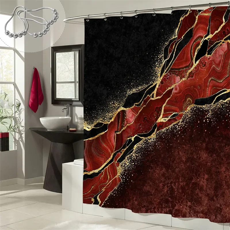 Marble Gold Shower Curtain with Hooks, 3D Print, Waterproof, Abstract, Geometric, Bathroom Decor, Bath