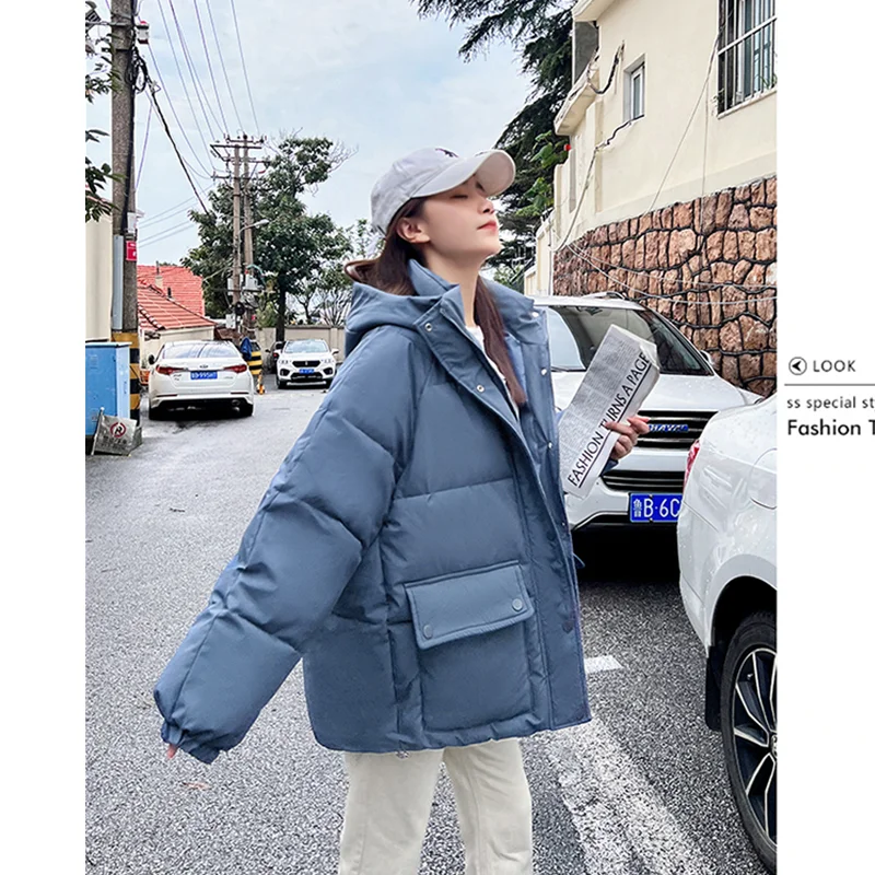 Women\'s Clothing Down Jacket White Short Hooded Outerwear Korean Fashion Harajuku Style Casual Winter New Warm Fleece Tops