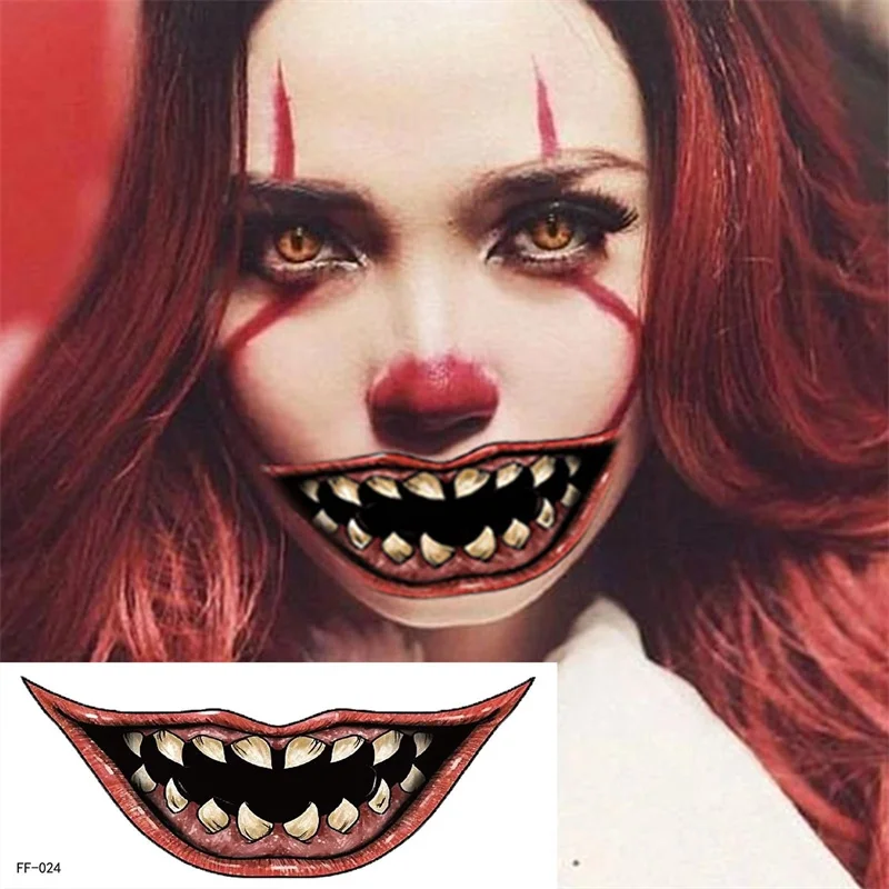 Halloween Horror Big Mouth Face Stickers Tattoo Temporary Waterproof Devil Mask Party Makeup Art Fake Tattoos Festival Accessori