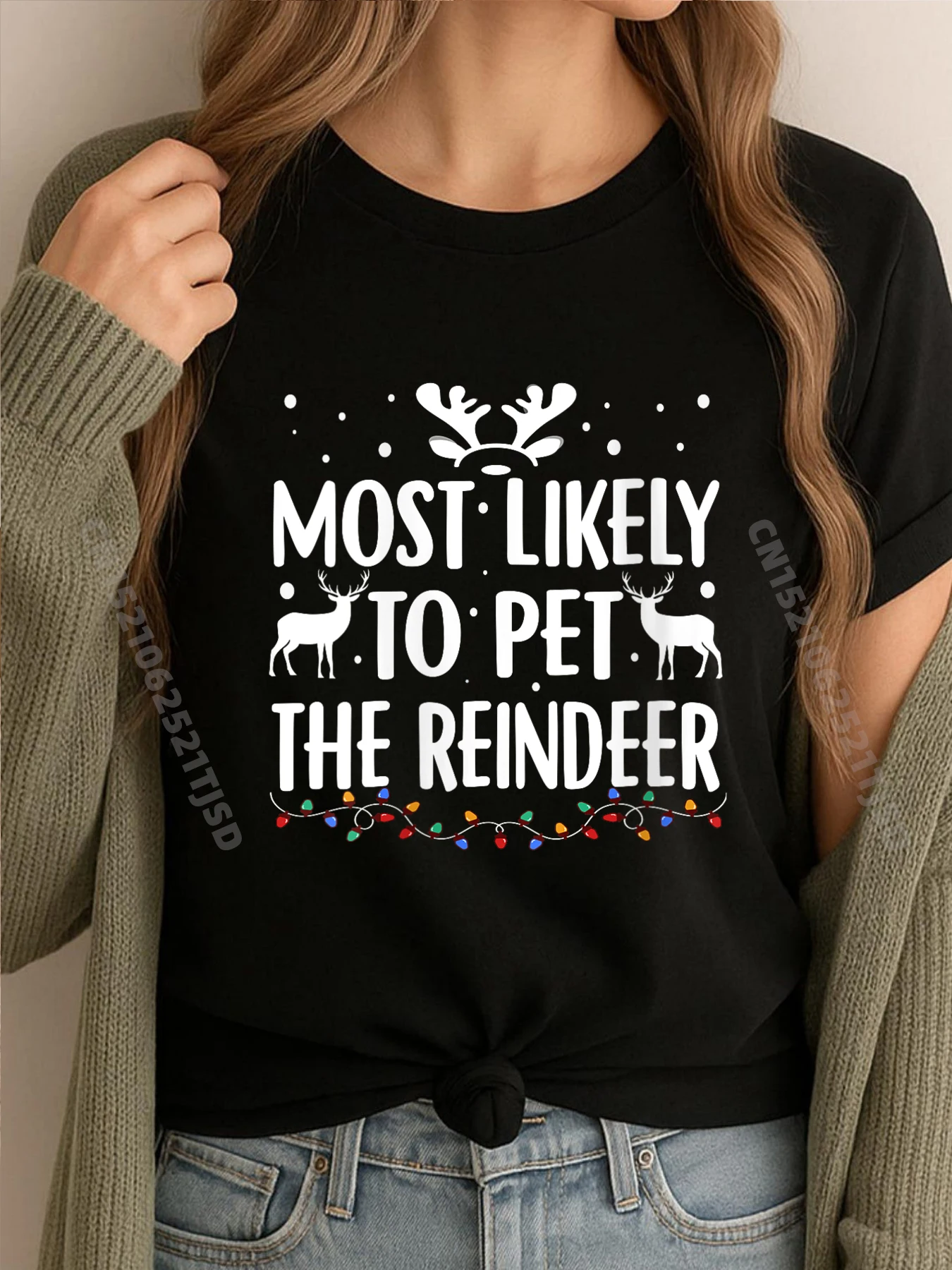 

Womens Most Likely To Pet The Reindeer Christmas Luxury T Shirt Tops T Shirt Washed Group