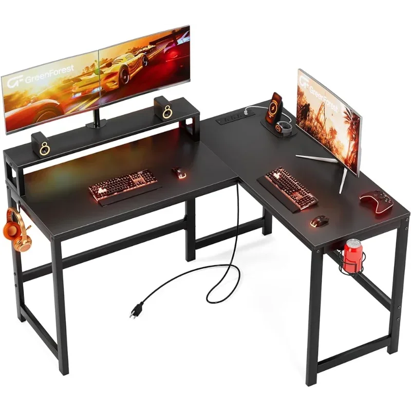 Mesa L Shaped Reversível Com Suporte Do Monitor, Mesa Do Computador Com Power Outlets, 50,4 Polegadas, Canto Pequeno