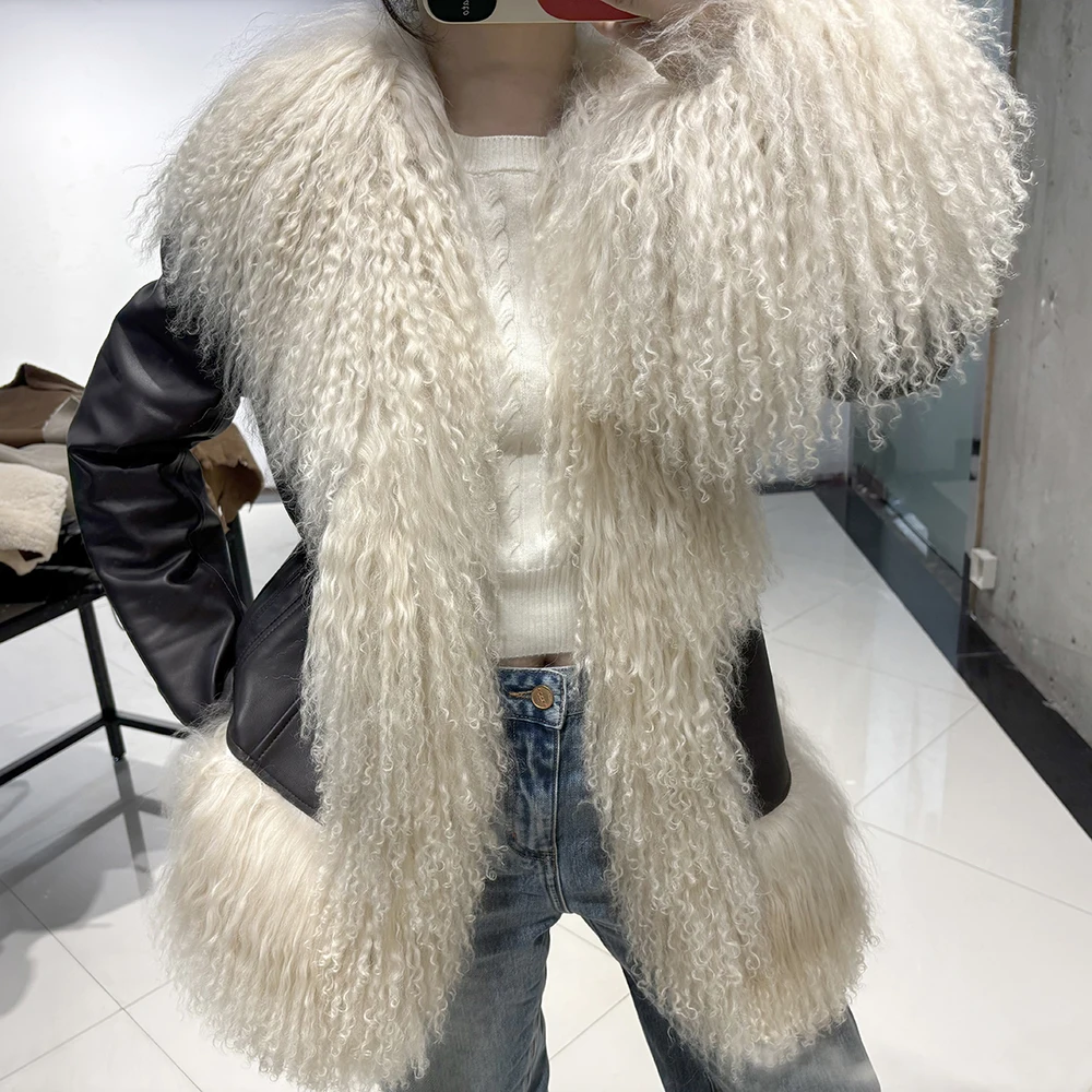 YOLOAgain Real Mongolia Sheep Fur Collar Real Leather Jacket Coat Women