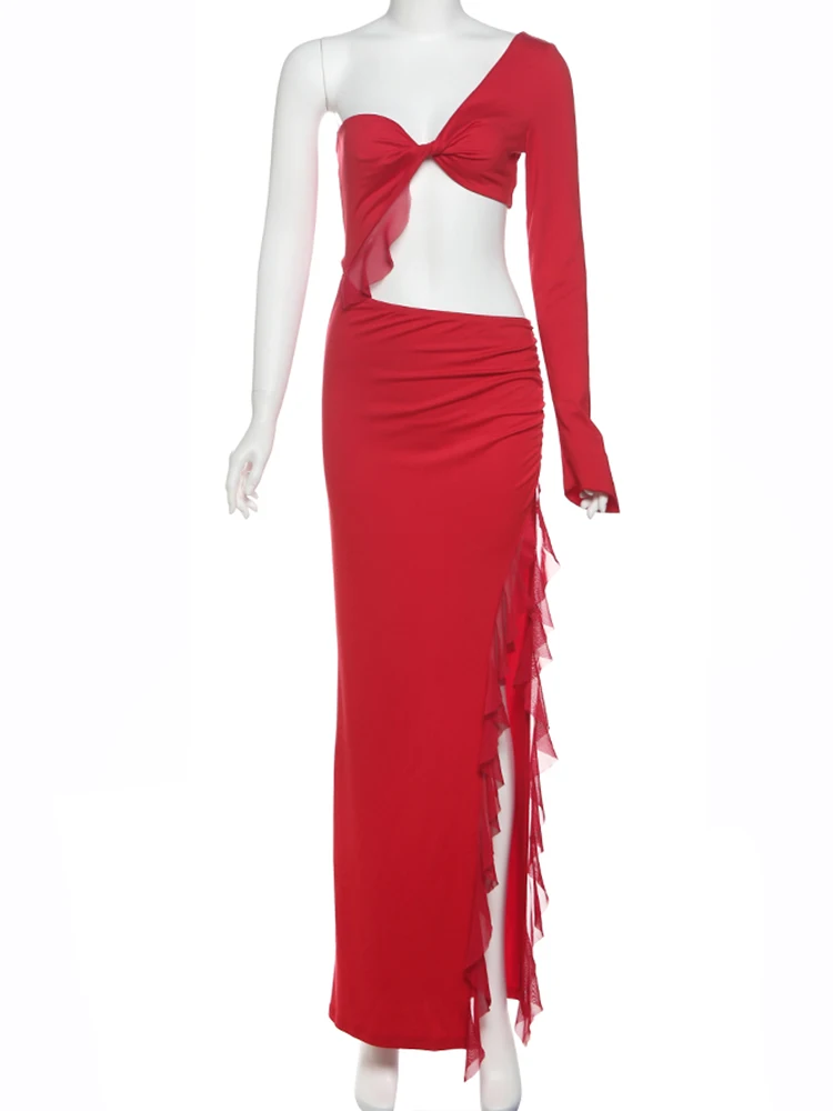 kliou Asymmetrische ruches damesjurk sexy uitgesneden vorm enkele mouw patchwork split maxi bodycon vrouwelijke prachtige feestjurk