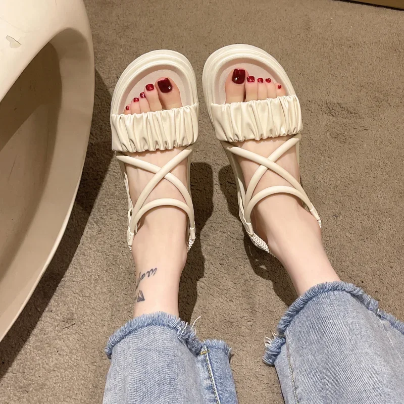 Roman Solid Color Sandals Women Summer New Muffin Thick Bottom Versatile Cross Thin Belt Net Red Beach Casual Shoes Children2023