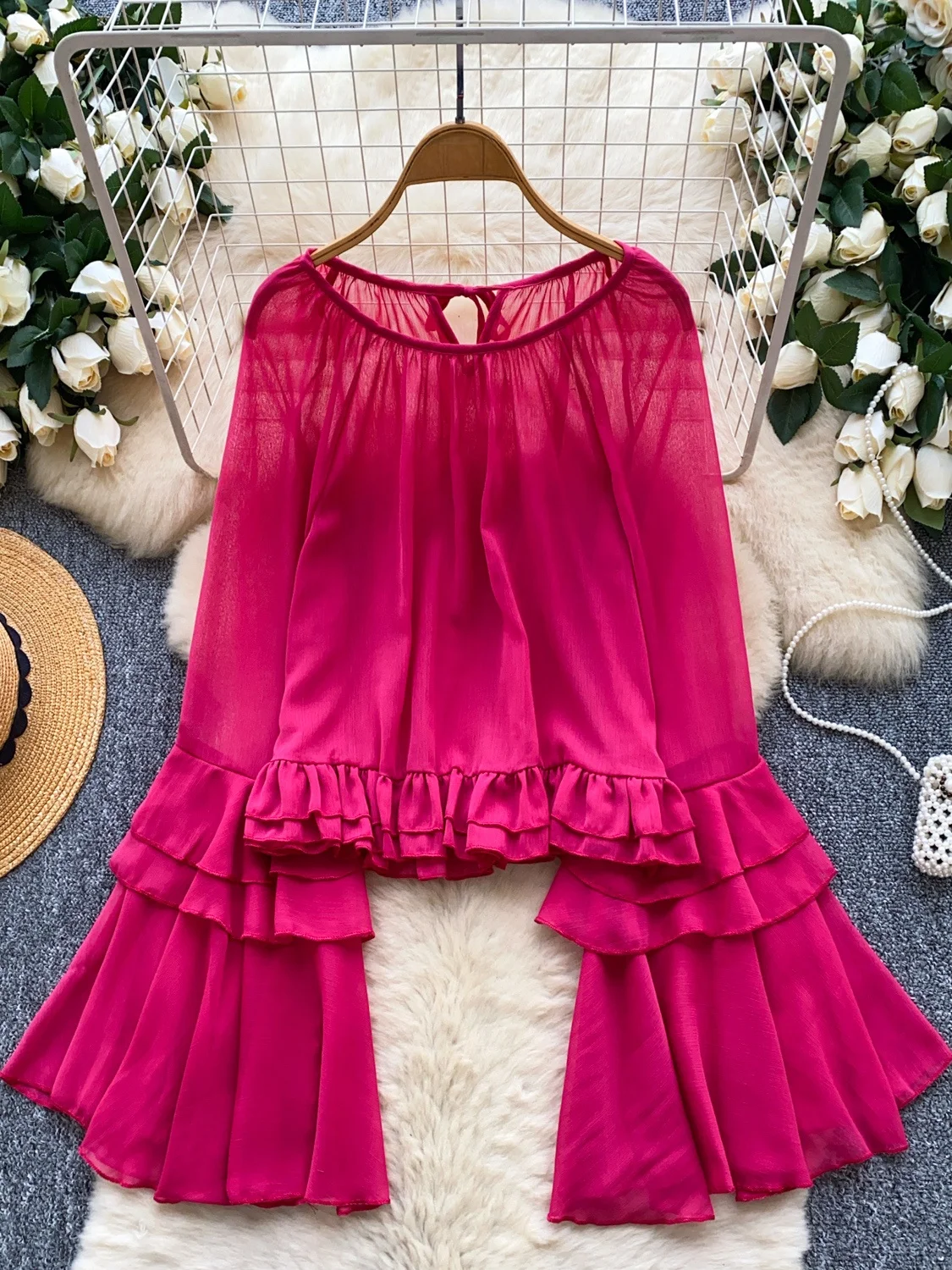 

Ele Chiffon irt Женский тонкий осенний модный топ Gentle Sle Свободный крой из полиэфирного волокна Long Sve