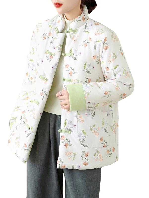 Authentic 2025 Floral Cotton Jaet Autumn Winter Warm Loose Chinese Sle Cotton Coat Thiened Long Sve Stand Collar Coat