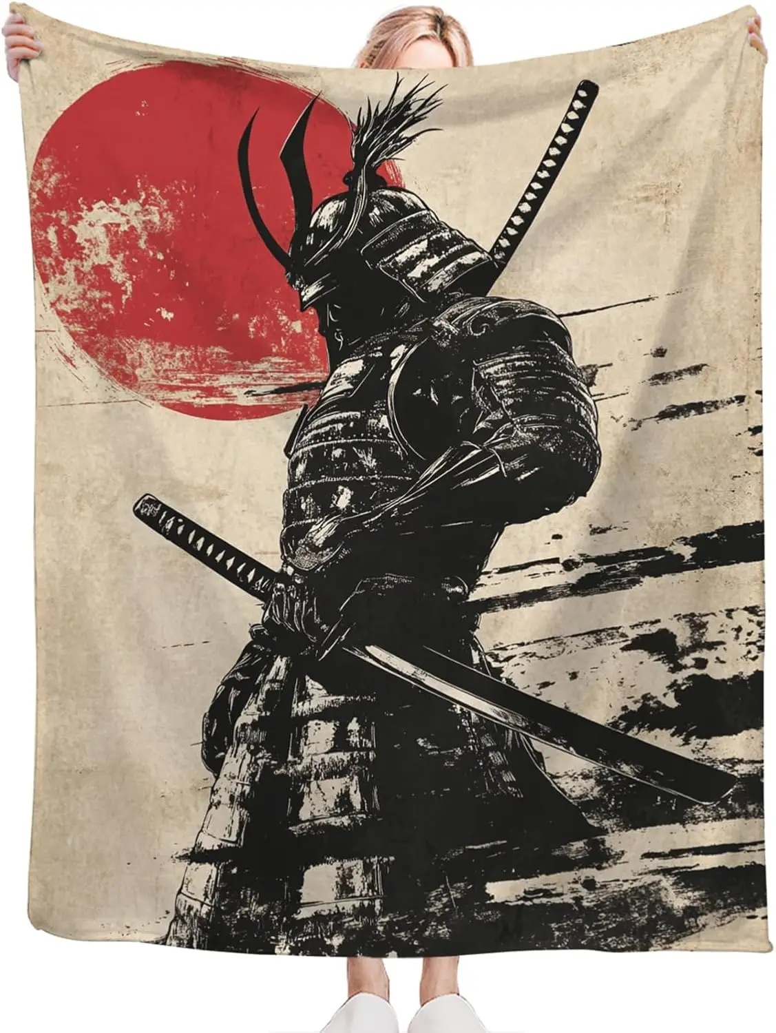 Japanese Ink Style Armored Samurai Katana Retro Beige Background Art Pattern Soft Blanket  Bed Couch Travel Indoor Outdoor Use