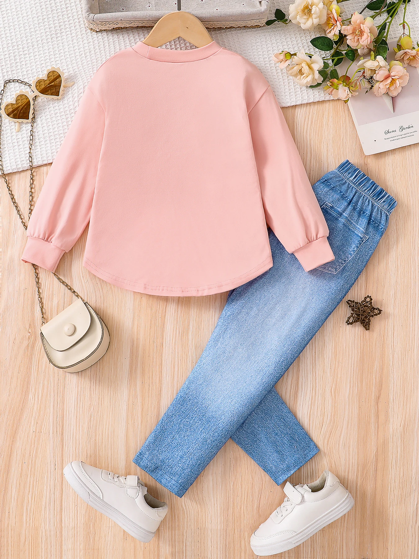 Spring and autumn girls fashion cute 2-piece set micro-elastic pink round neck cartoon long sleeve imitation denim slim pants cl