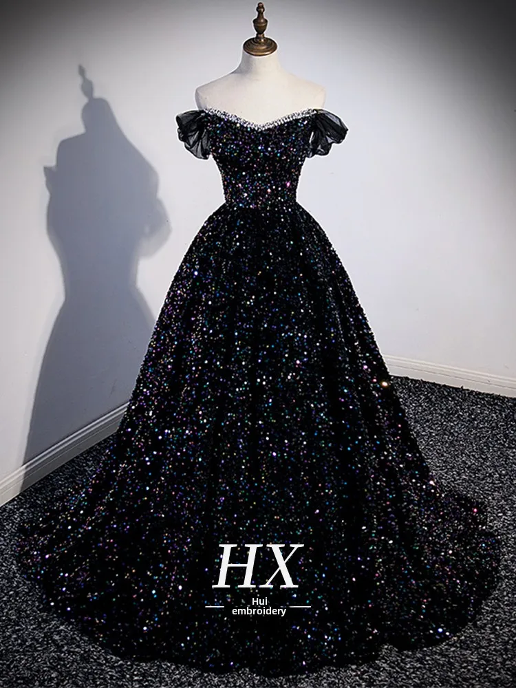

Bla-oulder Evening Gown Women's Luxury High-End Student Piano Vocal Art Exam Host Sensation Korean Sle A-Line Skirt