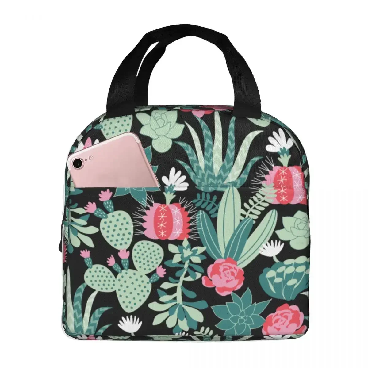 

Cactus Lunch Bag Portable Insulated Oxford Cooler Bag Cute Thermal Cold Food Travel Tote for Women Girl