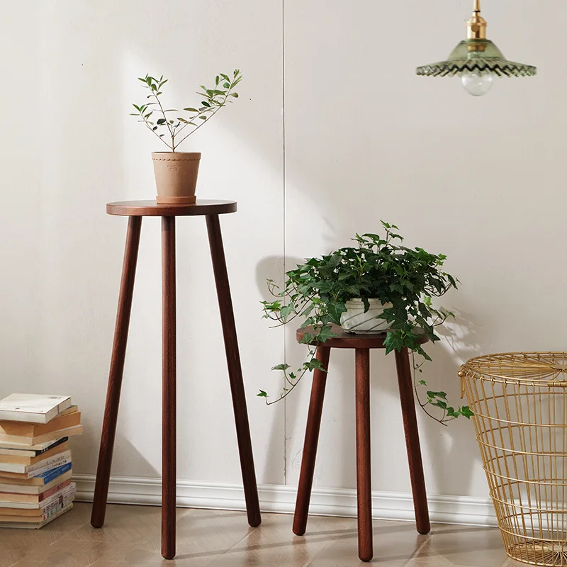 Solid wood potted plant ornament, three-legged shelf, single pot flower stand, balcony, indoor side, living room floor-to-ceilin