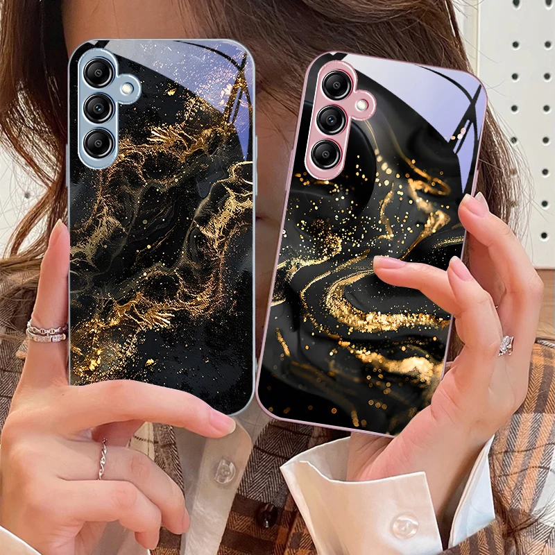 Dark Gilded Black For Samsung Galaxy A14 4G 20 30 52 20S 21S 22 A32 33 34 42 50 51 53 54 70 71 72 73 5G Glass Phone Case