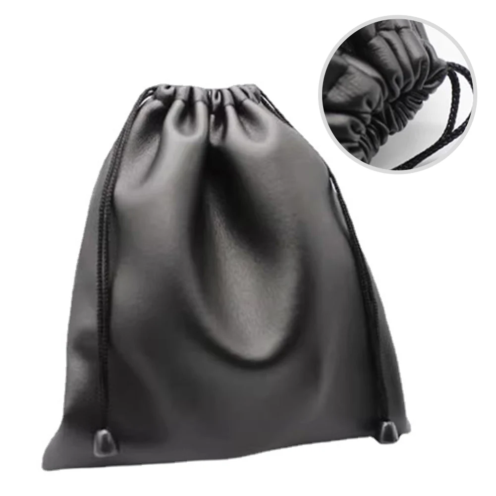 Portable Faux Leather Headset Bag With Drawstring Earphone Bag Pouch Black Large Waterproof Headphone Bag Dustproof Storage Bag