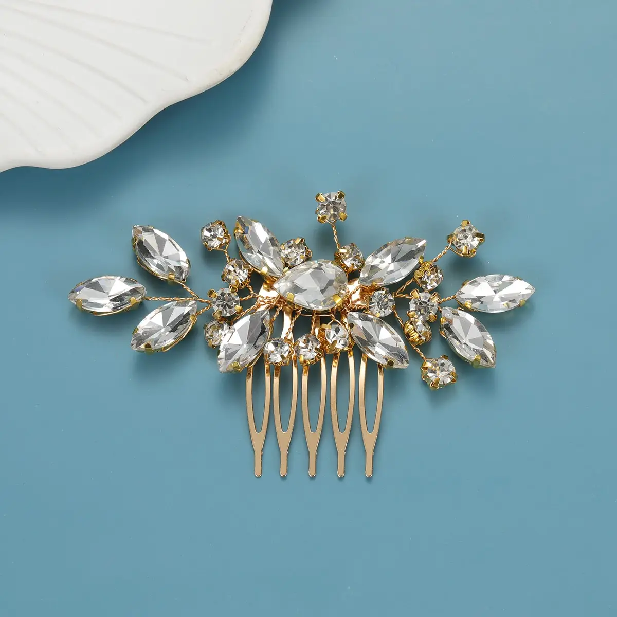 Luxury Girl Hair Comb Golden Hairpin Rhinestone Bridal Hair Accessories Alloy Flower and Leaf Shape Hair Pin For Women