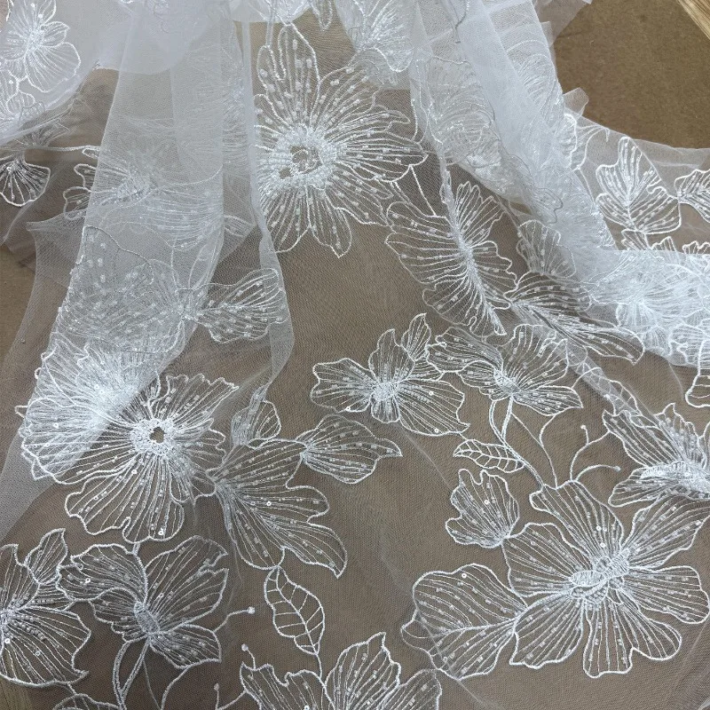 

Big Flower Bead Sequin Lace Embroidery Fabric for Wedding Dress Childrens Clothing Cloth Diy By The Yard Sewing Material