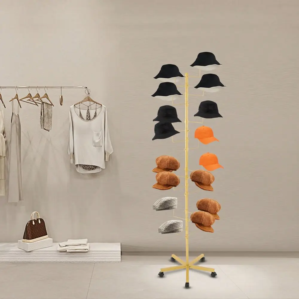 

Gold Freestanding Hat Rack With 16 Hooks Hat Display Rack With 5 Lockable Wheels Iron Hat Display Stand Metal