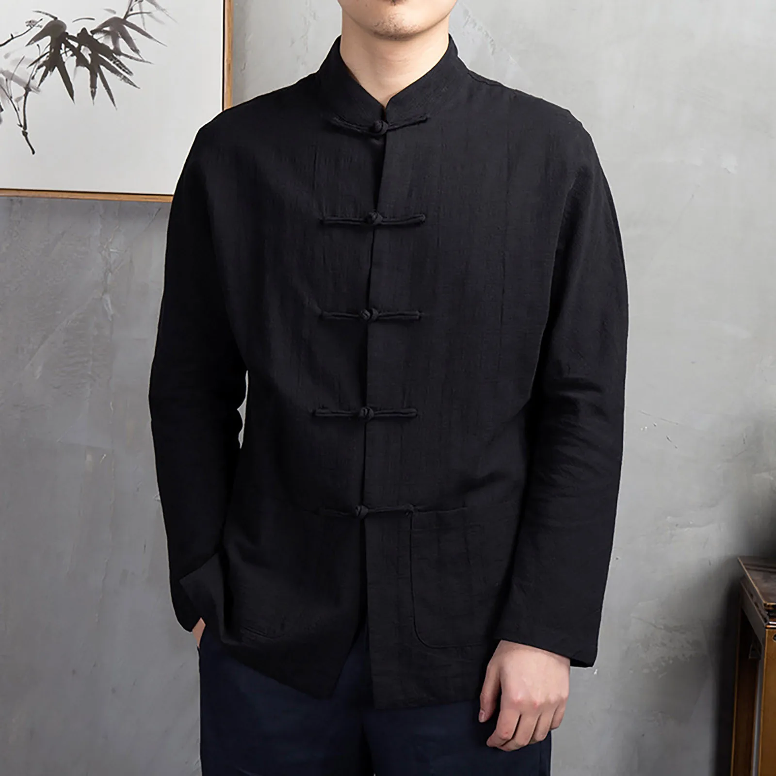 Soild Men'S Long-Sleeved Shirt Chinese Traditional Clothing Tang Suit For Man Vacation Casual Top Single Breasted Blouses