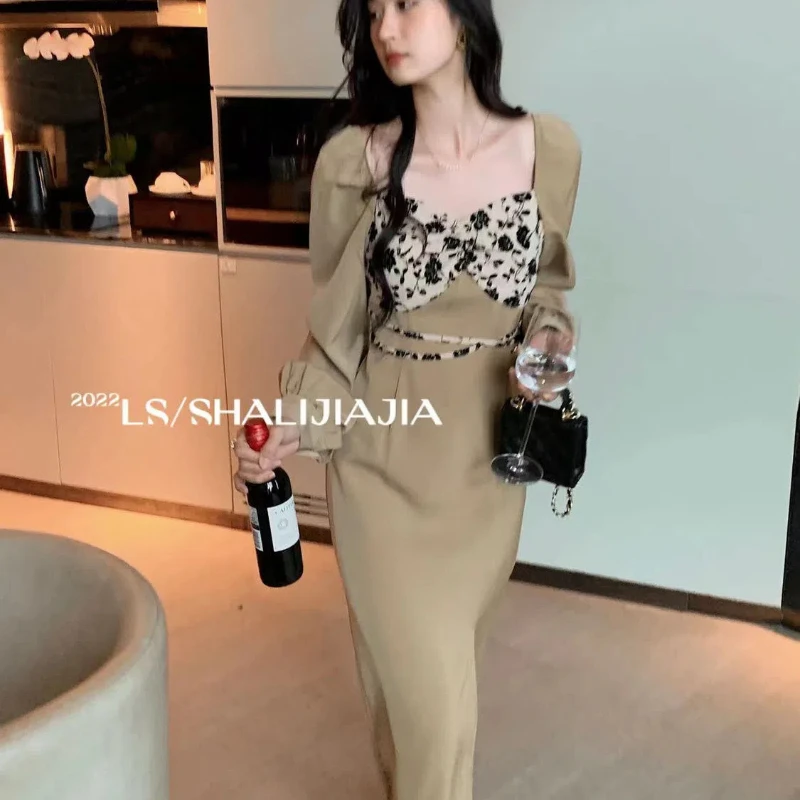 Coffee Colored Temperament Socialite's Slit Skirt High-end and Sexy Square Neck Dress for Women