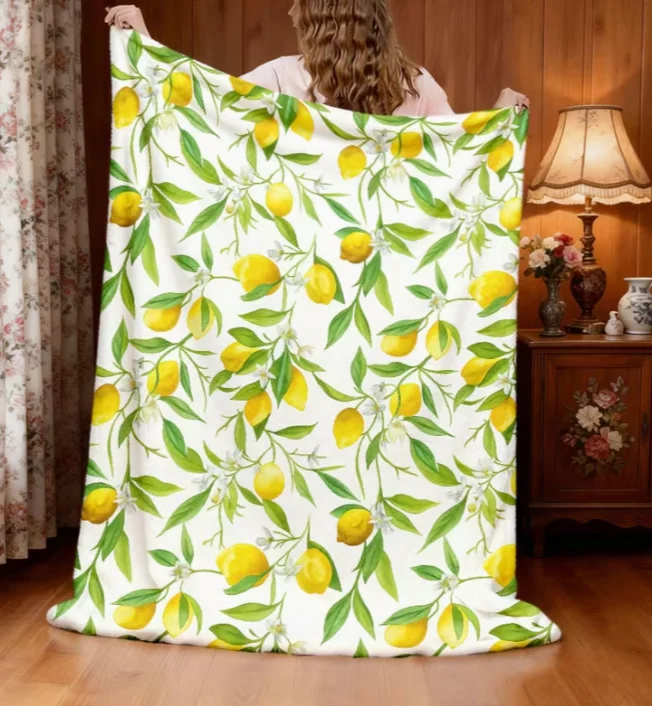 French Style Reversible Throw Blanket Suitable Soft Warm Flannel Green Lemon Pattern Soundwave Technology Printing Technology