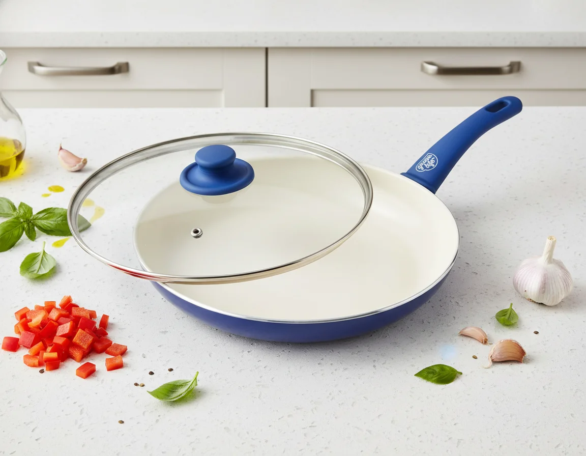 

12" Ceramic Nonstick Frying Pan with Glass Lid, PFAS-Free, Dishwasher Safe, Blue - Healthy Cooking