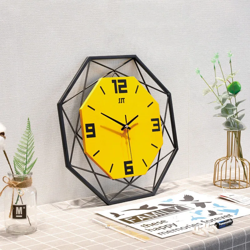 Yellow Wall Clock Nordic Metal Wall Clock Modern Design For Home Living Room Kitchen Wall Clock With Sticker Silent Clocks Watch