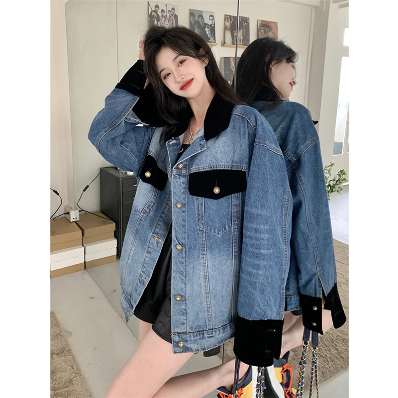 Quá Khổ Áo Denim 2023 Mới Thu Miếng Dán Cường Lực Rời Cổ Áo Khoác Jean Sang Trọng BF Phong Cách Nữ Cao Áo Khoác Ngoài Dạo Phố