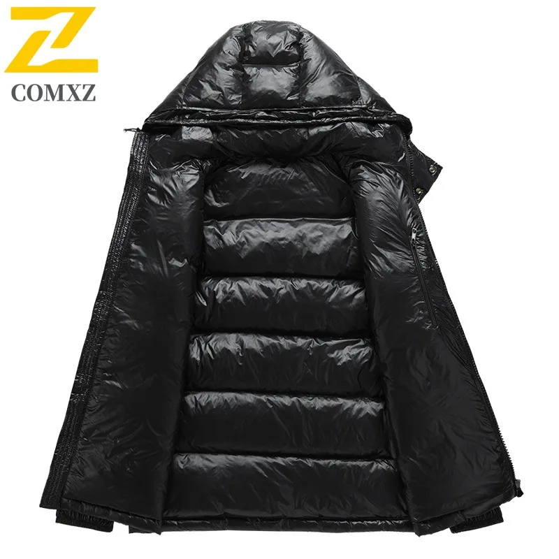 COMXZ 2025 Men Hooded Shiny Down Jacket New Workwear 50% White Duck Down Trendy Loose Warm Winter Outerwear for outdoor Street