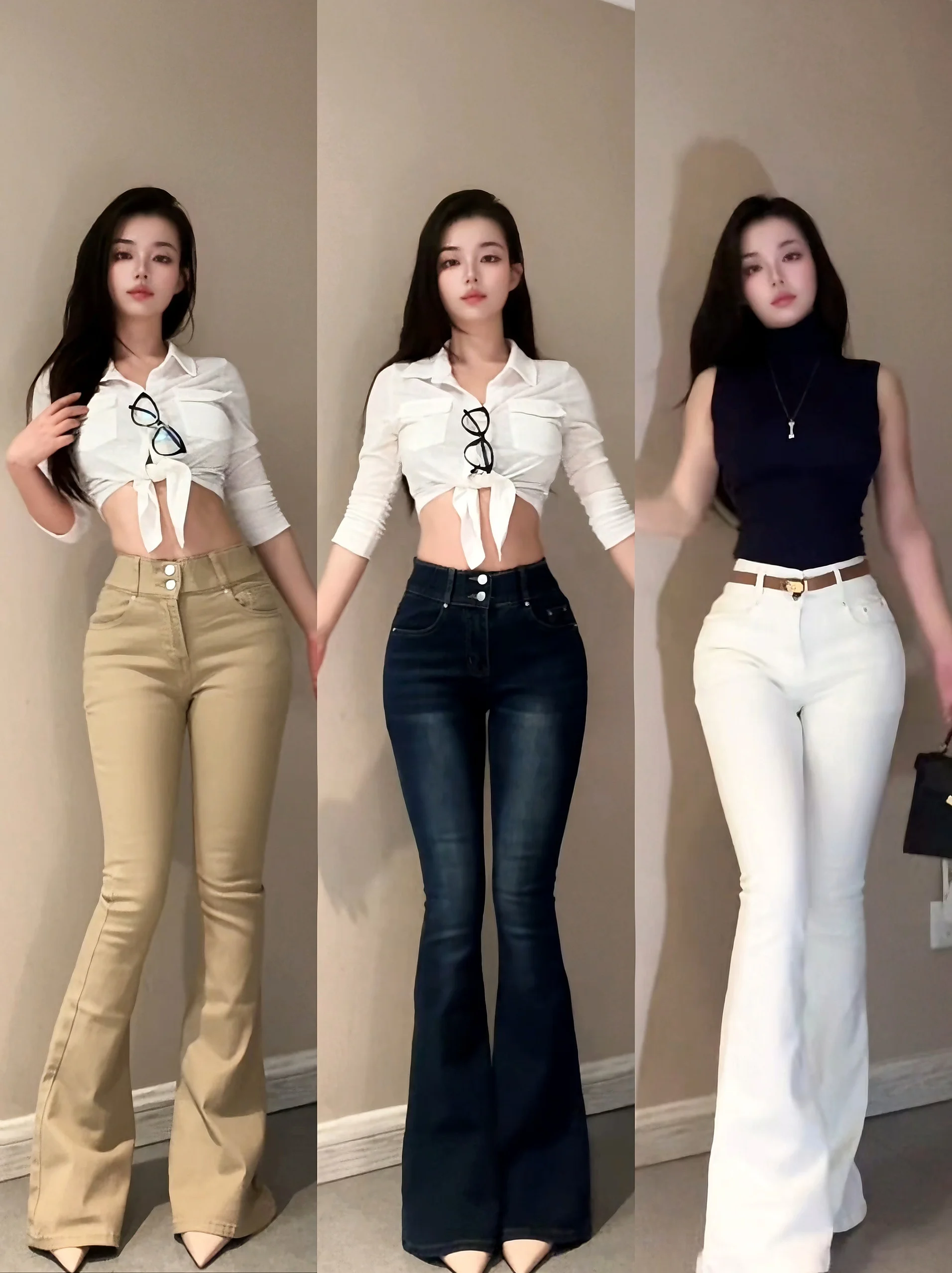 

High Waist Bell Bot Denim Jeans Elastic Waist Spicy Vintage Pure Desire Wide Leg Pants Casual Sle Blue Color