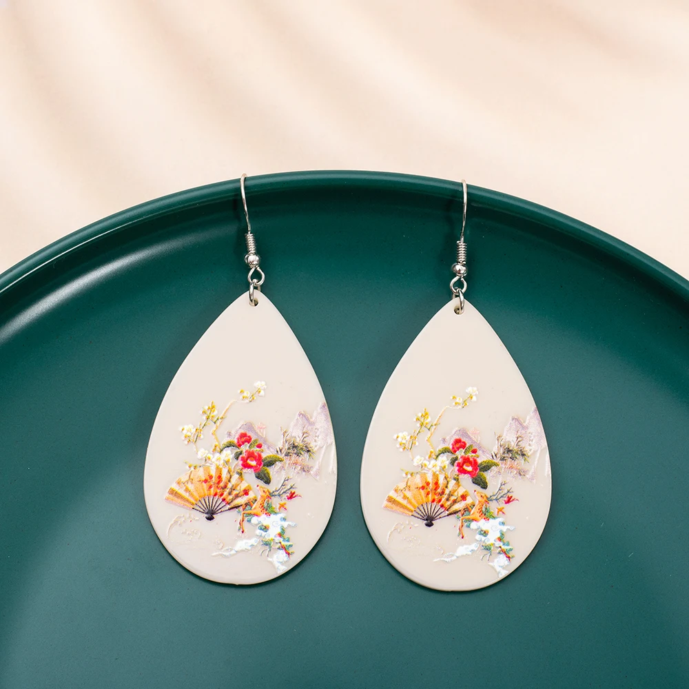 New Oriental Ethnic Style Fan Flowers Landscape Painting Pattern Acrylic Water Drop Earrings For Women Aesthetic Girls Jewelry