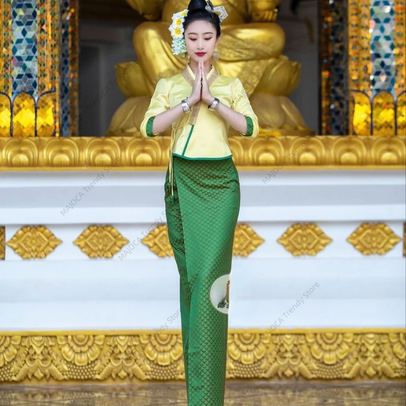Thai Traditional Costume for Women Spring Summer Tops Blouse Long Skirt Sets Daily Wear Thailand Clothing Dress Ladies