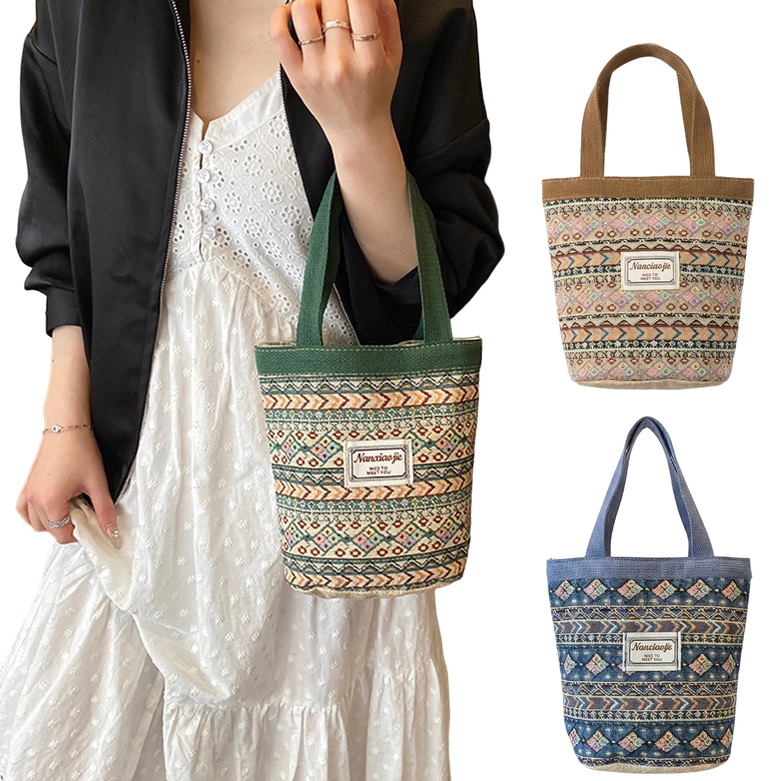 Handmade Woven Lunch Tote Bag with Lined Large Capacity Portable Basket Style Handbag For Work School Picnic Women