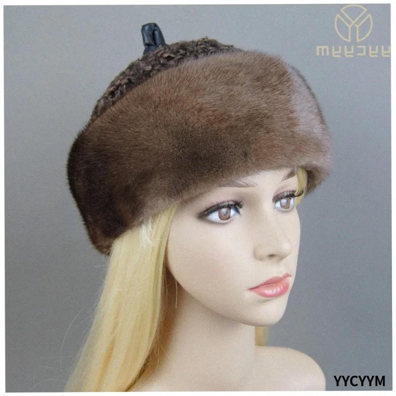 Hot Sale Luxury Women Real Genuine Mink With Wool Hat Winter Russian Women's Warm Caps Whole Piece Mink Sheep Fur Hats