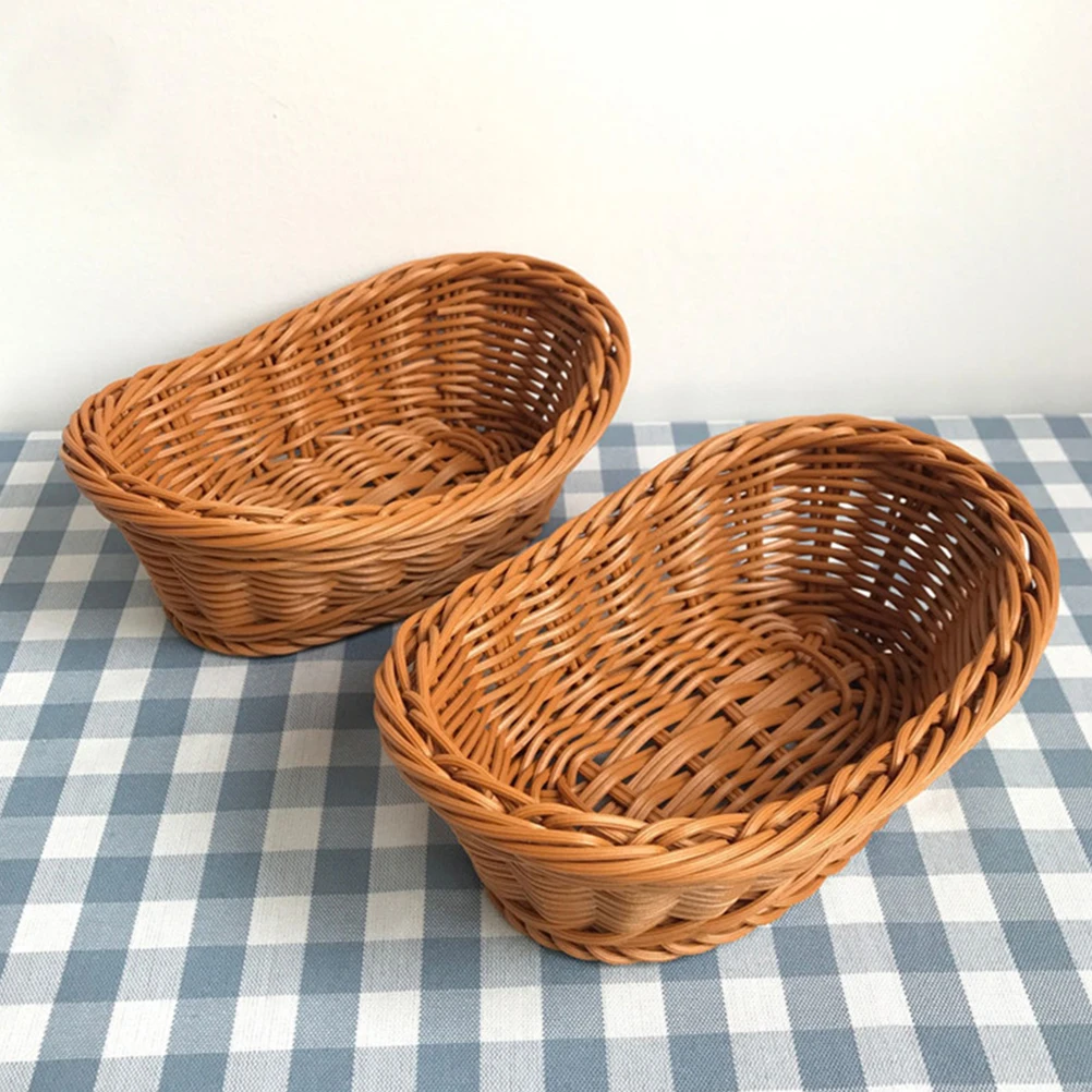 

2pcs Imitation Rattan Woven Baskets Plastic Storage Baskets For Kitchen Home Bakery Fruit Vegetable Snacks Holder Reusable