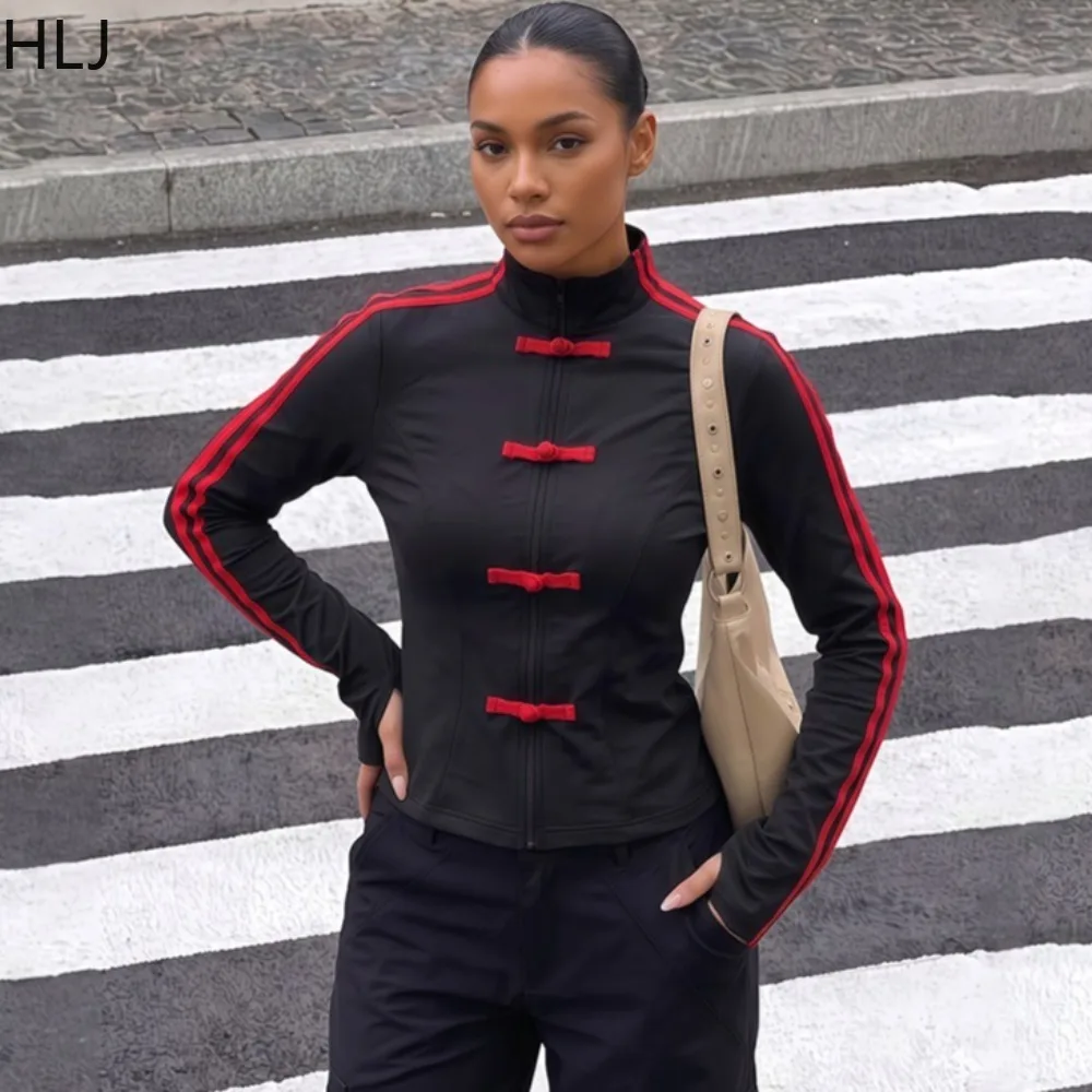 HLJ Women Stand Collar Zip Up Jacket Chinese Button Long Sleeve Slim Striped Side Outerwear Casual Streetwear Coat Autumn New