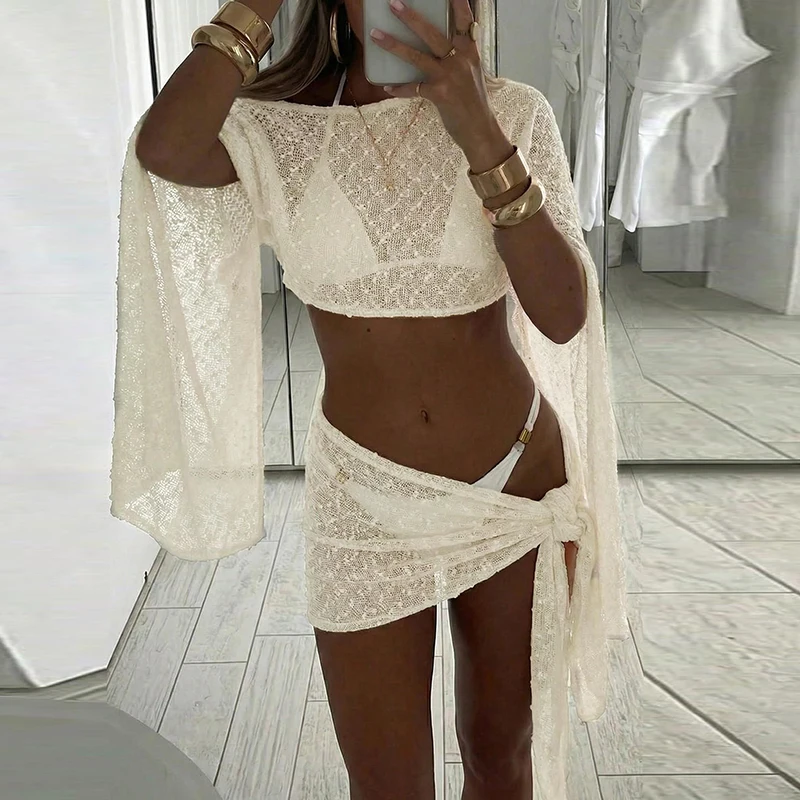 Trendy Slant Collar Cloak Top+Tie Up Skirt 2pc Set Casual Solid Sleeveless Bikini Outfit Ladies Sexy Irregular Hollow Beach Suit